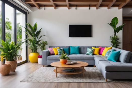 Modern living room filled with colors, stylish furniture, and tropical plants