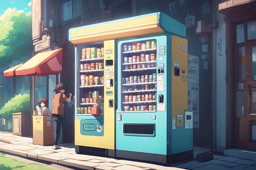 A vending machine stands on the side of a busy road, offering snacks and drinks to passersby in need of refreshment or a quick bite to eat. The machines bright colors stand out against the urban backdrop.