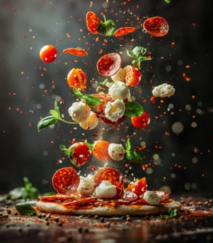 Dynamic pizza ingredients tomato, cheese, basil, pepperoni, and mozzarella balls float mid-air in a captivating culinary composition. Levitation photography captures the essence of Italian cuisine. Ai generated