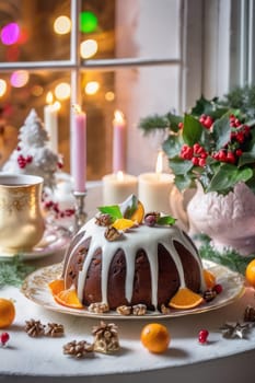 On the white wooden windowsill, a light pastel Christmas pudding in cream with a golden decor. In the background there is a beautiful winter window and festive candlelight