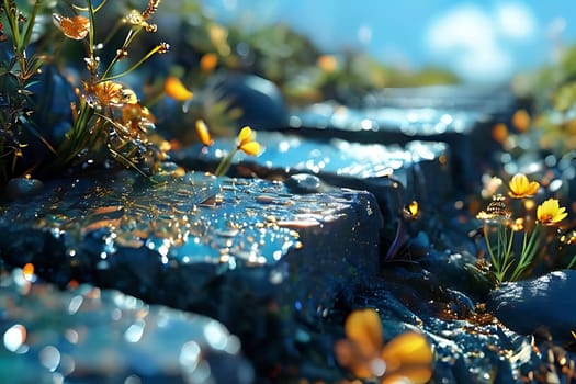 A collection of various colorful flowers placed on a cluster of rough rocks in an outdoor setting. The petals and stems of the flowers contrast with the rugged texture of the rocks, creating an interesting visual composition.