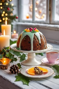 On the white wooden windowsill, a light pastel Christmas pudding in cream with a golden decor. In the background there is a beautiful winter window and festive candlelight