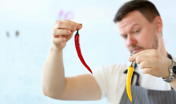 Chef Holding Organic Chili Hot Pepper Photography. Man Showing Yellow and Red Vegetables in Kitchen. Vegetarian and Healthy Ingredient. Spicy Vegan Healthy Food Partial View Horizontal Shot