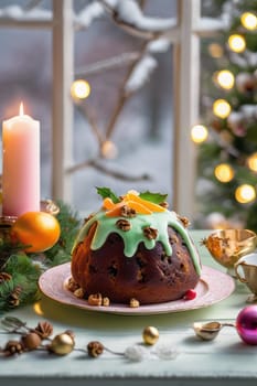 On the white wooden windowsill, a light pastel Christmas pudding in cream with a golden decor. In the background there is a beautiful winter window and festive candlelight