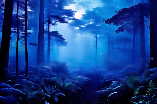 A dense forest filled with numerous dark blue trees towering overhead, creating a shadowy and mysterious atmosphere. The tree trunks are tightly packed together, with the forest floor barely visible beneath the thick canopy of branches and leaves.