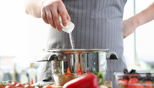 Culinary Chef Adding Saucepan White Sea Salt. Man in Apron Holding Spice Shaker in Hand. Male Fingers Putting Ingredient to Stainless Pan. Cooking in Kitchen at Home Horizontal Photography