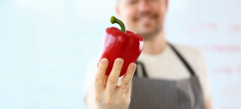 Professional Chef Showing Red Pepper Photography. Man Holding Organic Vegetable in Hand. Vegetarian Food in Kitchen. Male with Raw and Healthy Ingredient for Vegan Partial View Horizontal Shot