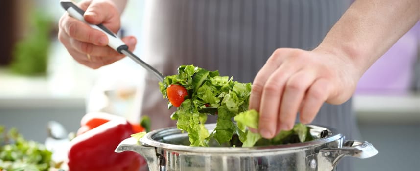 Chef Hands Cooking Dieting Lettuce Vegetable Salad. Man Mixing Tomato and Cucumber Ingredient in Saucepan with Kitchen Spoon. Dieting Home Culinary. Fresh Delicious Dish Horizontal Photography