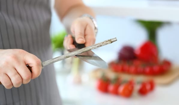 Chef Male Sharpening Stainless Knife Photography. Man Whetting Steel Blade in Kitchen Manually. Male Preparing Kitchenware for Cooking. Holding Sharp Culinary Object in Hands Partial View Shot