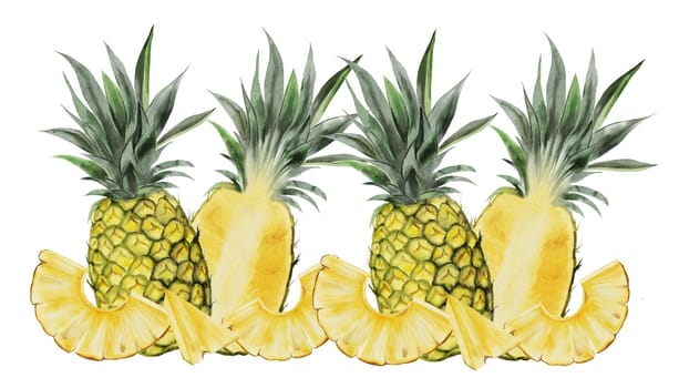 Pineapple watercolor drawing. Tropical fruit on isolated white background. Food exotic illustration for menu design, tags and cosmetics packaging. High quality illustration