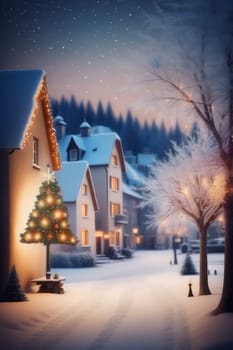 Christmas tree on snowy streets. Winter landscape of a small town decorated for Christmas and New Year