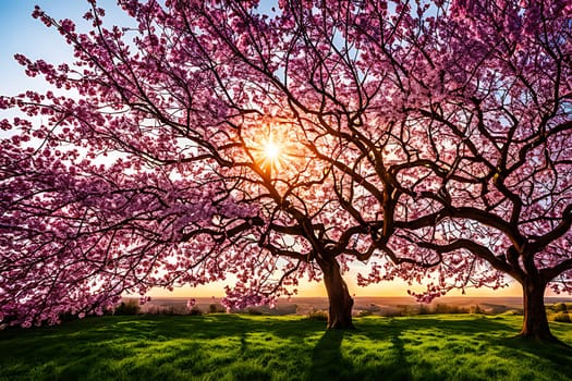 Two trees are growing in a grassy area, their branches reaching towards the sky. The green grass surrounds them, under a clear blue sky.