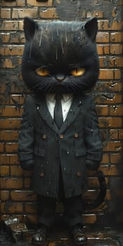 A grey cat, resembling a fictional character, is dressed in a suit and tie and standing in front of a brick wall. Its whiskers and snout are visible, adding a touch of artistry to the scene