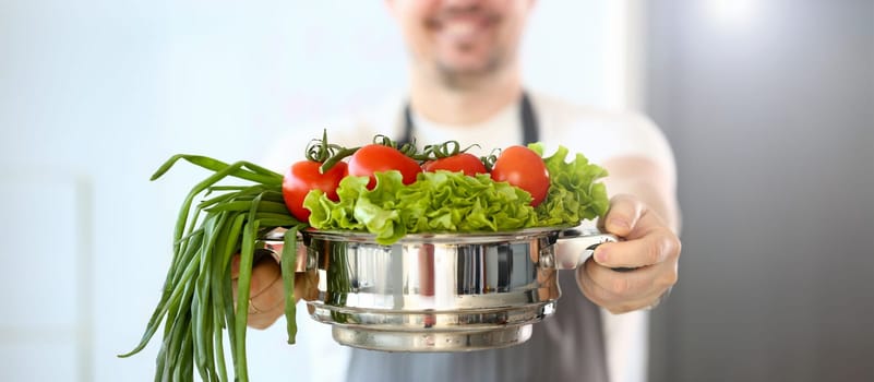 Chef Blogger Holding Vegetable Variety Saucepan. Man Cooking from Tomato, Salad and Spring Onion. Fresh and Organic Ingredients. Pan with Vegan Food. Vegetarian Lifestyle. Partial View Photography