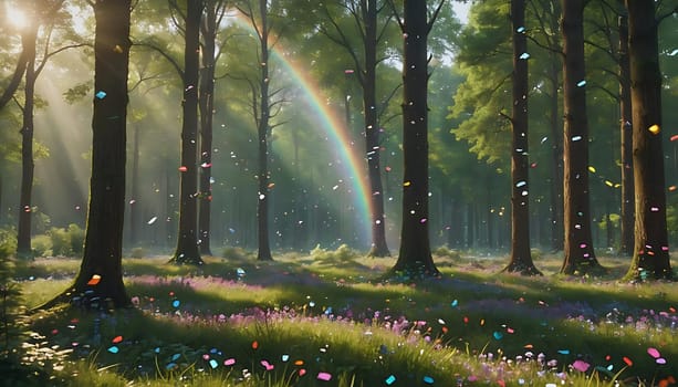 A dense forest bursting with greenery and filled with a multitude of trees adorned with colorful confetti, creating a whimsical and festive scene. The confetti contrasts beautifully against the lush foliage of the trees, adding a playful and joyful touch to the natural environment.