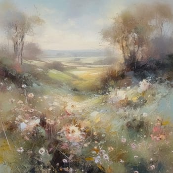 Oil style fine art painting of the English countryside, depicting romantic floral meadow, flowers field in soft pastel colours, evoking a sense of tranquility and natural beauty, printable art design