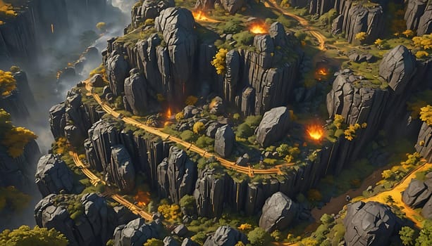 A winding road cuts through a rugged mountain landscape in this aerial view. The road twists and turns, navigating steep slopes and sharp cliffs. The mountain is characterized by rocky outcrops and sparse vegetation, with patches of forests scattered throughout. The road appears to lead to a distant destination, disappearing into the horizon.