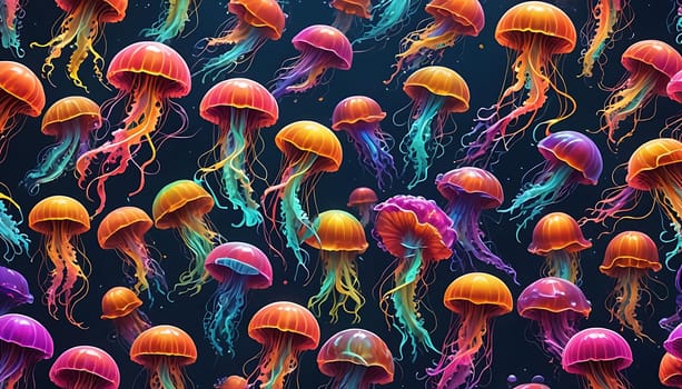 A vast gathering of jellyfish can be seen floating in the deep blue ocean waters. Their translucent bodies drift lazily with the currents, creating a mesmerizing sight as they pulse and sway in unison.