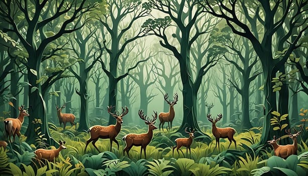 An acrylic painting capturing a group of deer in a dense forest. The deer are depicted grazing on lush green grass under tall trees with vibrant foliage. Sunlight filters through the leaves, creating dappled patterns on the forest floor.