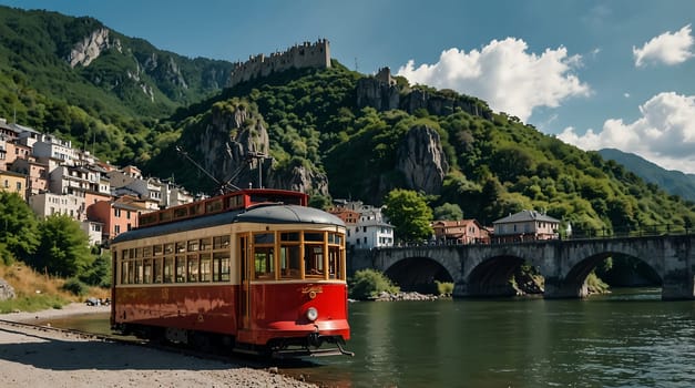 A red trolley car is seen traveling down a road that runs parallel to a river. The trolley car is in motion and appears to be following a set route near the water on a sunny day.