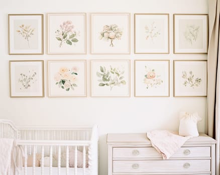 Nursery gallery wall, home decor and wall art, framed art in the English country cottage interior, room for diy printable artwork mockup and print shop idea