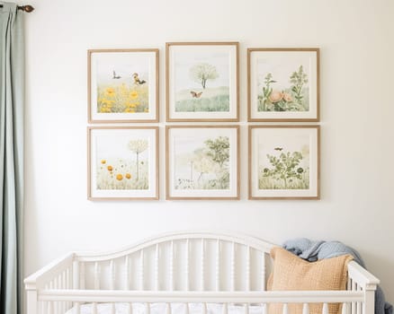 Nursery gallery wall, home decor and wall art, framed art in the English country cottage interior, room for diy printable artwork mockup and print shop idea