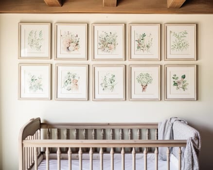 Nursery gallery wall, home decor and wall art, framed art in the English country cottage interior, room for diy printable artwork mockup and print shop idea