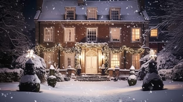 Christmas in the countryside manor, English country house mansion decorated for holidays on a snowy winter evening with snow and holiday lights, Merry Christmas and Happy Holidays design