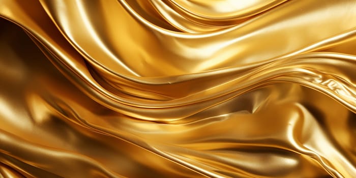 Golden fluid background. Liquid yellow metal wallpaper. Glamour swirl gold texture. 3d wavy flow abstraction