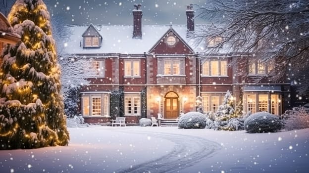 Christmas in the countryside manor, English country house mansion decorated for holidays on a snowy winter evening with snow and holiday lights, Merry Christmas and Happy Holidays design