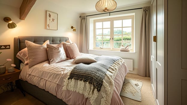 Cotswolds cottage style bedroom decor, interior design and home decor, bed with elegant bedding and bespoke furniture, English countryside house or holiday rental