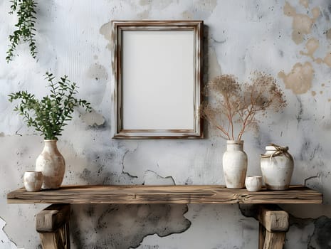 An interior design feature of a picture frame hanging on a wall above a wooden table, with a flowerpot and vase adding a touch of nature to the property