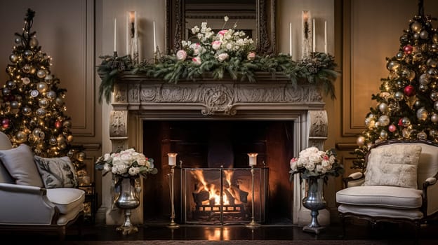 Christmas at the manor, English countryside decoration and festive interior decor