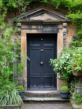 Entrance to a historic manor, framed by antique architectural elements and flanked by potted topiaries, features an aged door, the surrounding ivy and stonework add to the timeless elegance of the property