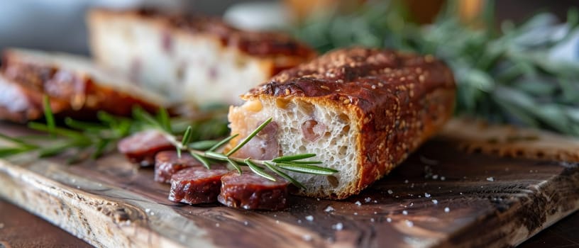 Sliced traditional sausage and rustic bread served on a wooden cutting board with ketchup, depicting a hearty meal