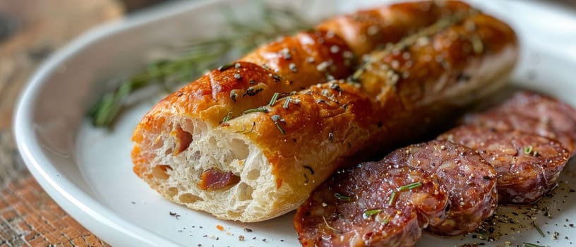 Sliced traditional sausage and rustic bread served on a wooden cutting board with ketchup, depicting a hearty meal