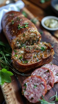 A succulent stuffed meatloaf served on a rustic wooden board, garnished with fresh herbs, ready for a delicious meal