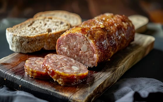 Sliced traditional sausage and rustic bread served on a wooden cutting board with ketchup, depicting a hearty meal