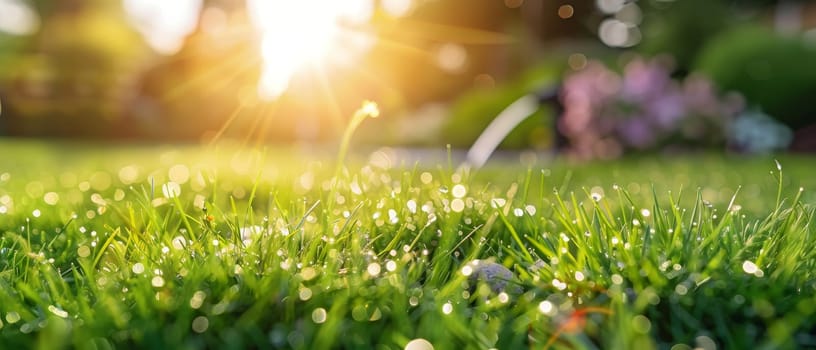 Water sprinkler spraying droplets on a vibrant green lawn with sunflare, symbolizing garden care and summer freshness