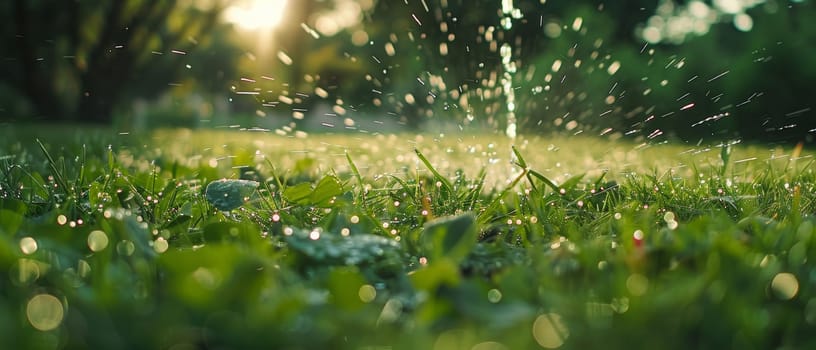 Water sprinkler spraying droplets on a vibrant green lawn with sunflare, symbolizing garden care and summer freshness