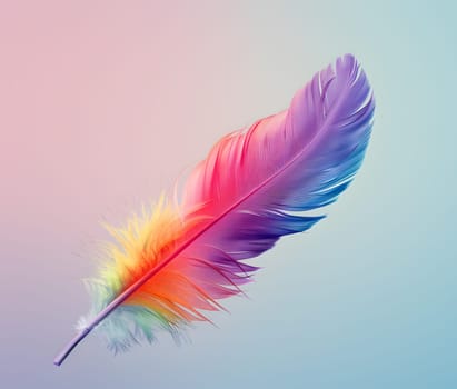A vibrant rainbow feather delicately rests on a whimsical blue and pink background, showcasing the beauty of natural materials in art through macro photography