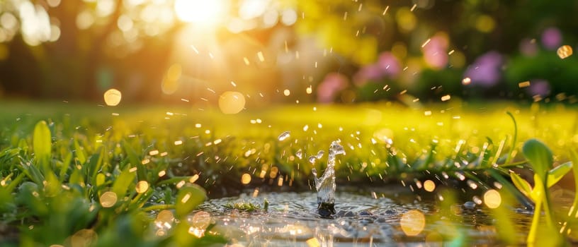 Water sprinkler spraying droplets on a vibrant green lawn with sunflare, symbolizing garden care and summer freshness