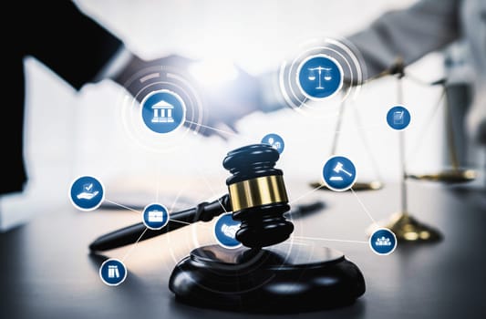 Smart law, legal advice icons and lawyer working tools in the lawyers office showing concept of digital law and online technology of savvy law and regulations .