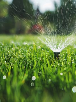 Water sprinkler spraying droplets on a vibrant green lawn with sunflare, symbolizing garden care and summer freshness