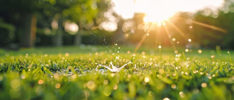 Water sprinkler spraying droplets on a vibrant green lawn with sunflare, symbolizing garden care and summer freshness