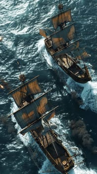 A fleet of vintage sailing ships on a tumultuous ocean captured in dramatic sunlight, invoking a sense of adventure and exploration