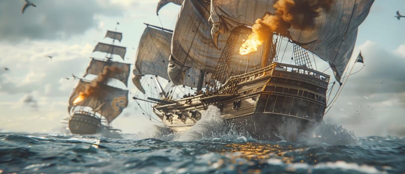 An epic naval battle scene featuring grand sailing ships amidst cannon fire and dramatic skies, invoking historical maritime warfare
