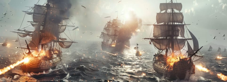 An epic naval battle scene featuring grand sailing ships amidst cannon fire and dramatic skies, invoking historical maritime warfare