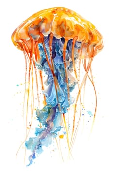 A vibrant watercolor painting of an electric blue jellyfish on a transparent background, showcasing the delicate beauty of marine life in a fluid and artistic form