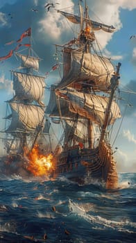 An epic naval battle scene featuring grand sailing ships amidst cannon fire and dramatic skies, invoking historical maritime warfare